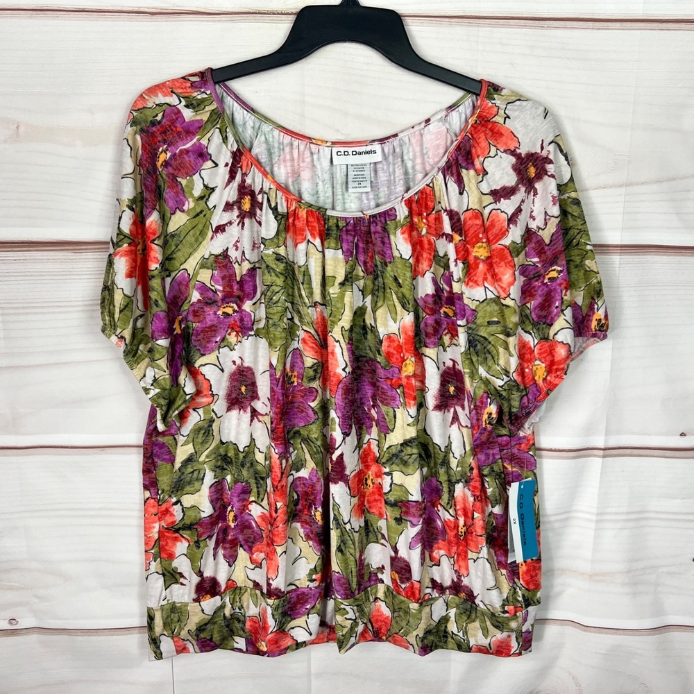 CD Daniels Top Womens 2X Green Purple Floral Blouse Burnout Knit Scoop Neck